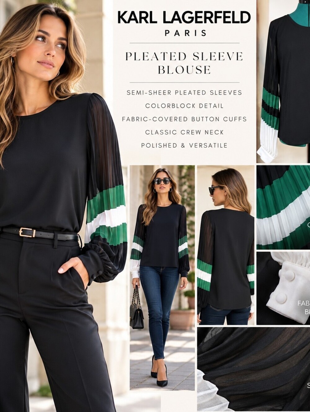 Karl Lagerfeld Paris M Pleated Sleeve Blouse Black Green White Semi Sheer